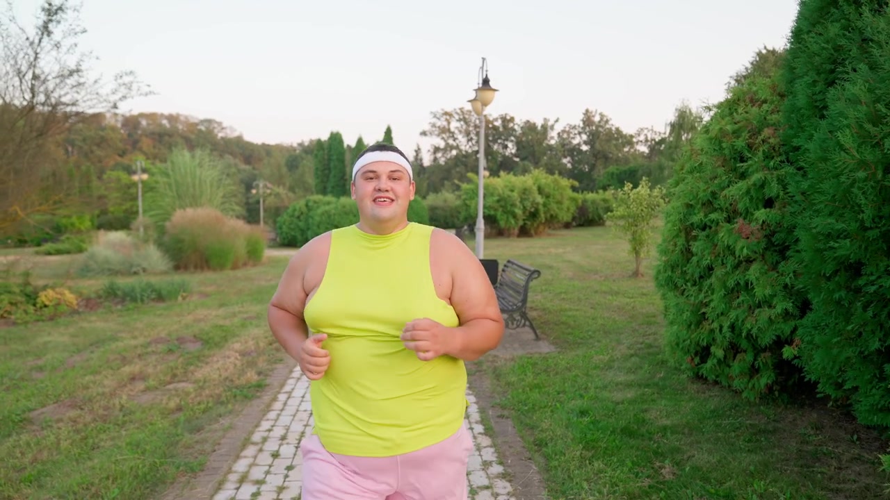 Uomo felice in sovrappeso che fa jogging in un parco