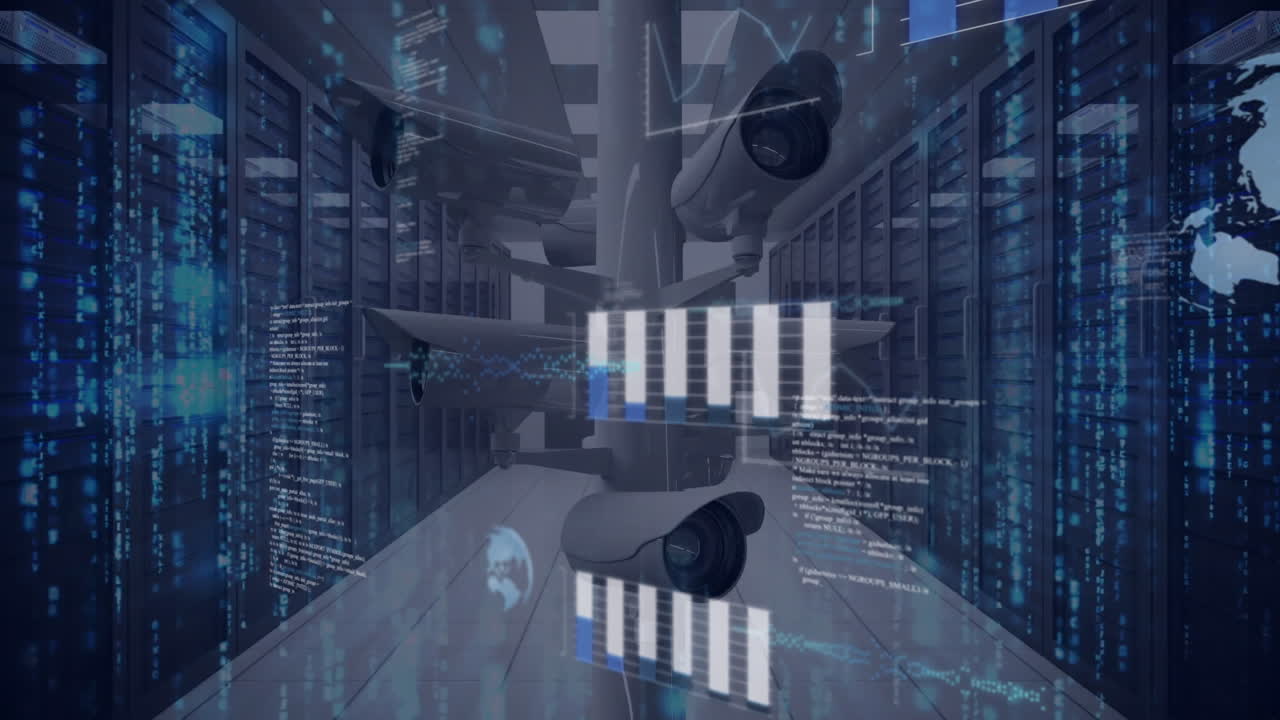 Digital data processing animation over futuristic server room with blue lights