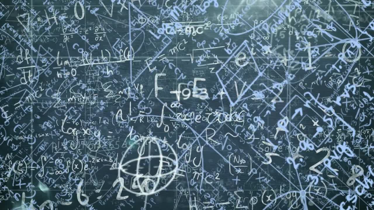 파란색 배경에 떠다니는 수학 방정식과 기호의 디지털 애니메이션