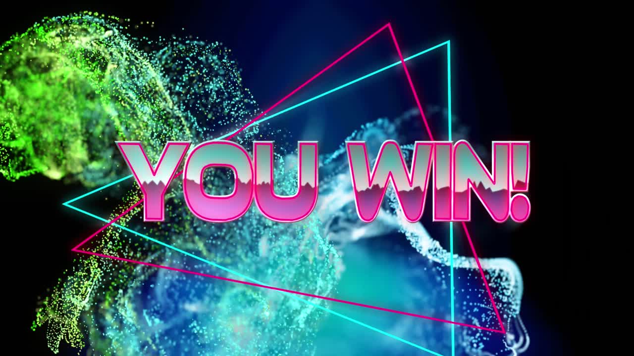 검은색 배경에 대해 파란색 반이는 디지털 파도 위에 텍스트 배너를 이기는 애니메이션