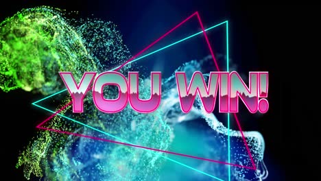 animation of you win text banner over blue glowing digital wave against black background