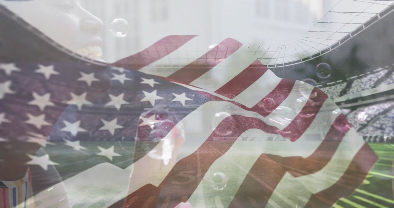 Woman exhaling bubble wand in stadium sparking bubbles and showcasing flag overlay sports marketing