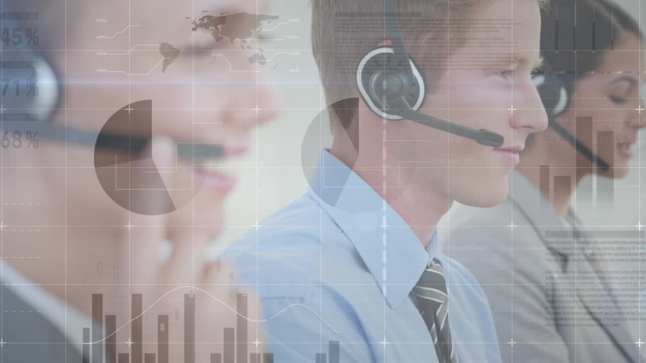 animación del registro de estadísticas sobre personas de negocios que usan auriculares telefónicos