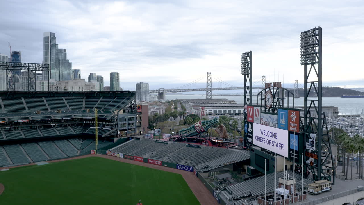 Empty baseball stadium in San Francisco with city skyline and Bay Bridge