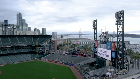 empty baseball stadium in san francisco with city skyline and bay bridge