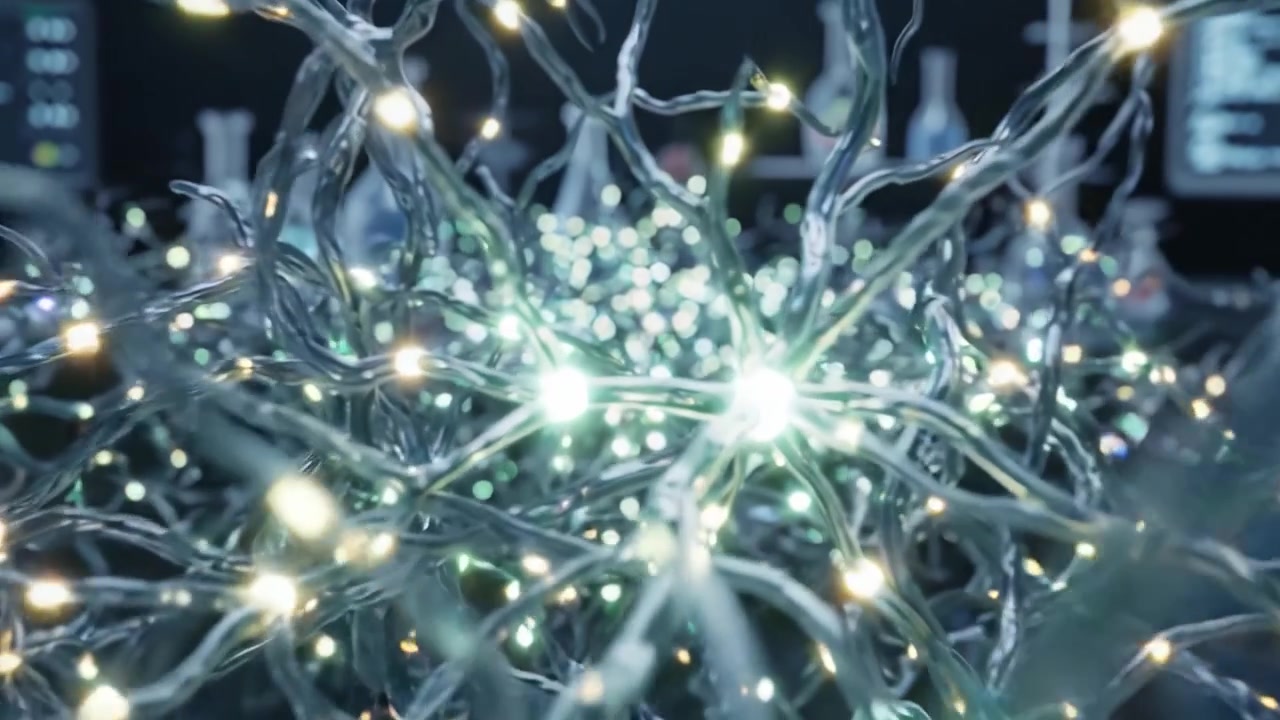 A Mesmerizing Display of Illuminated Molecular Structures: An Artistic Representation of Connectivity and Innovation in Science with Sparkling Fiber Optic Lights