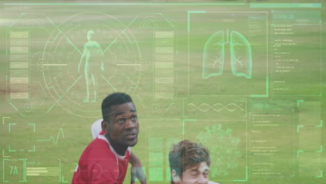 animation of diagrams and science data processing over diverse male soccer players at stadium