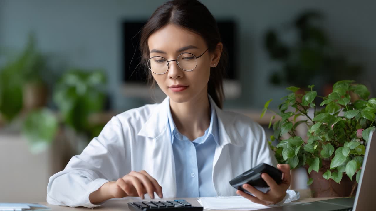 Focused Young Woman in Lab Coat Analyzing Data with Calculator at Desk Surrounded by Green Plants in Modern Office Environment