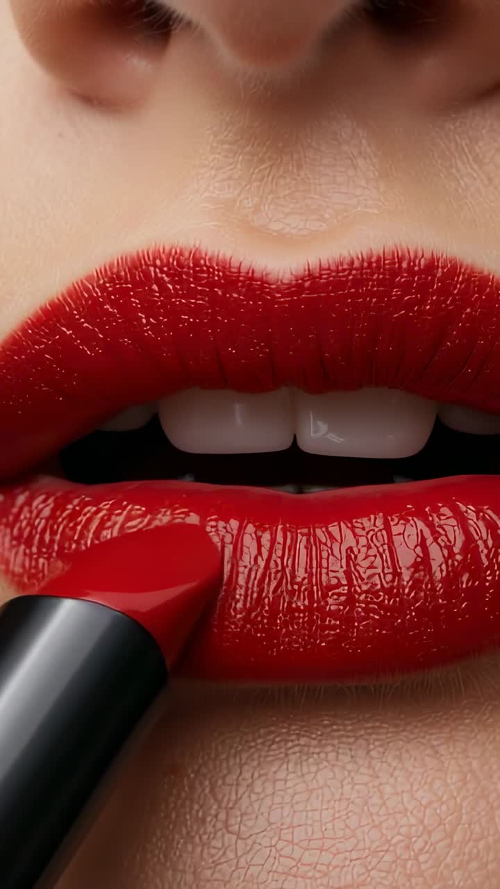 Video verticale: tubo di rossetto in primo piano, mano che applica il rossetto rosso sul labbro inferiore in studio per un effetto lucido