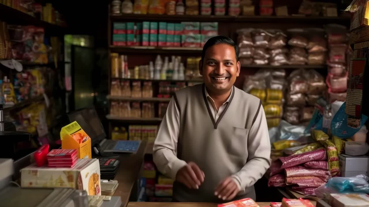 Um lojista simpático sorri atrás de um balcão cheio de produtos. O vídeo foi capturado ao nível dos olhos