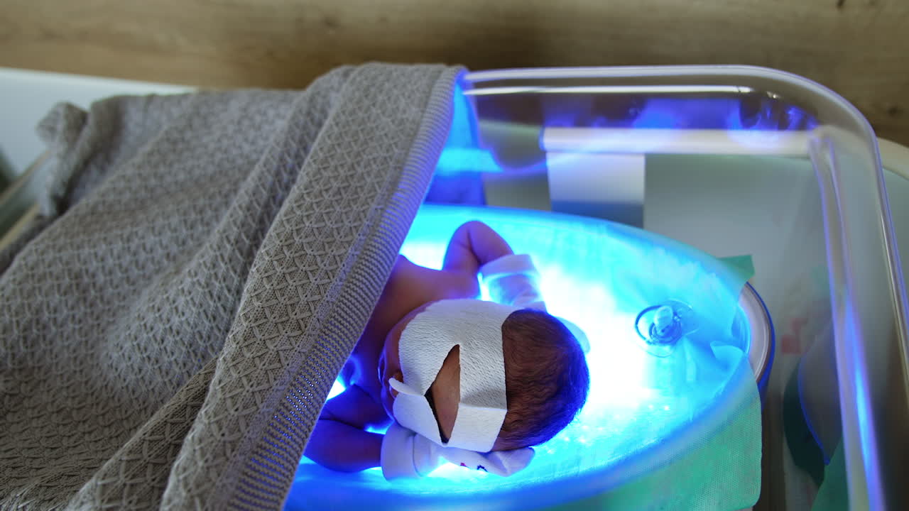 High bilirubin treatment for a baby of three days old. Jaundice therapy in the maternity hospital. Close up.
