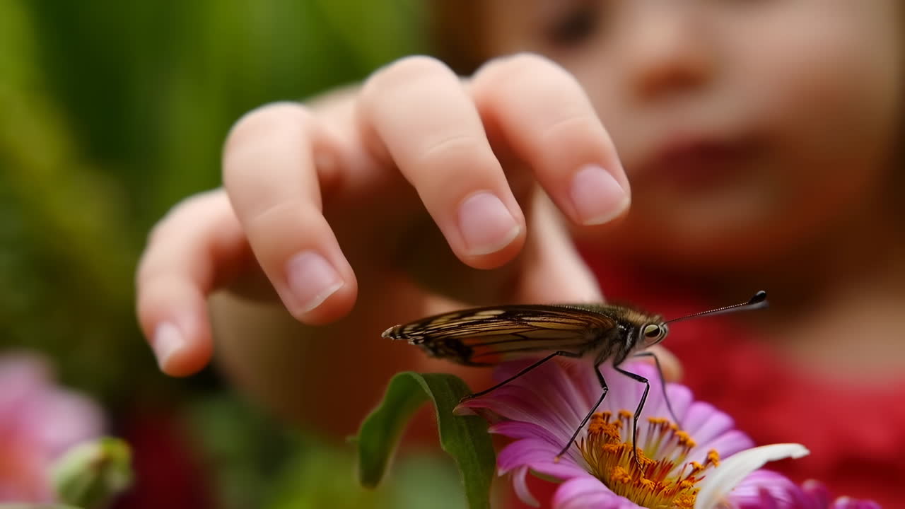Bambino che allunga la mano verso una farfalla su un fiore. Primo piano della mano di un bambino che aleggia sopra una zinnia rosa, con una farfalla.