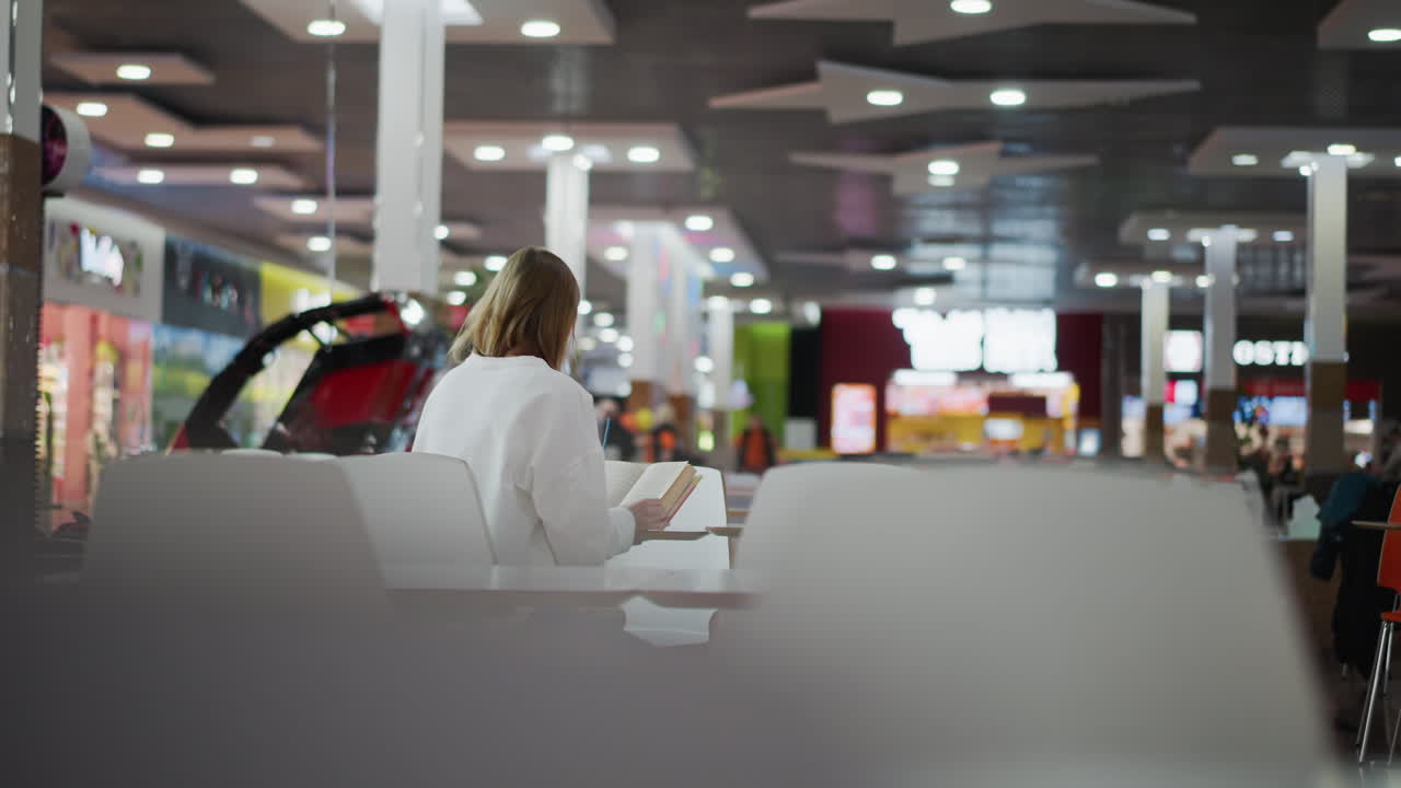 쇼핑 가방으로 둘러싸인 활기찬 배경과 보케 빛 효과로 쇼핑몰의 테이블에서 책을 읽는 젊은 여성의 뒷면, 편안하고 편안한 분위기를 만니다.