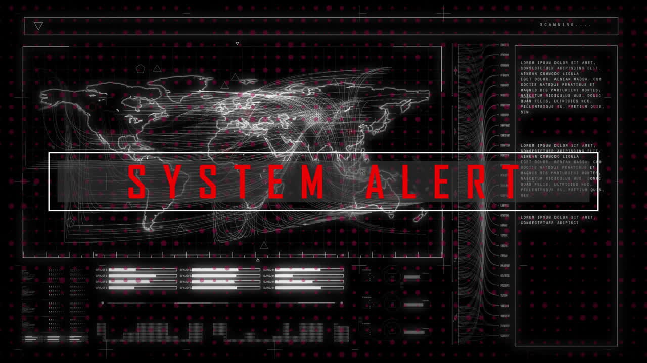 Animation of system alert text and data processing over world map