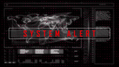 animation of system alert text and data processing over world map