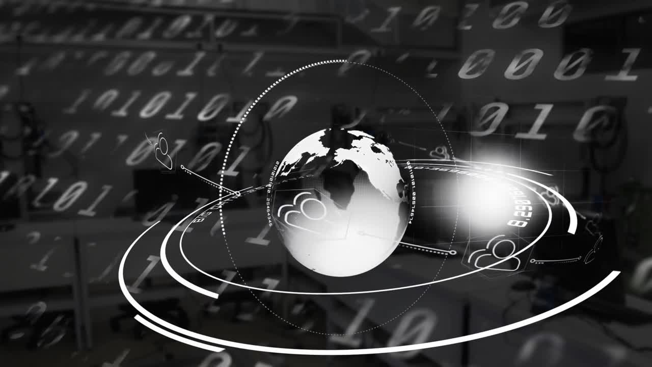빈 사무실에 대한 바이너리 코딩을 통해 회전하는 지구의 디지털 구성
