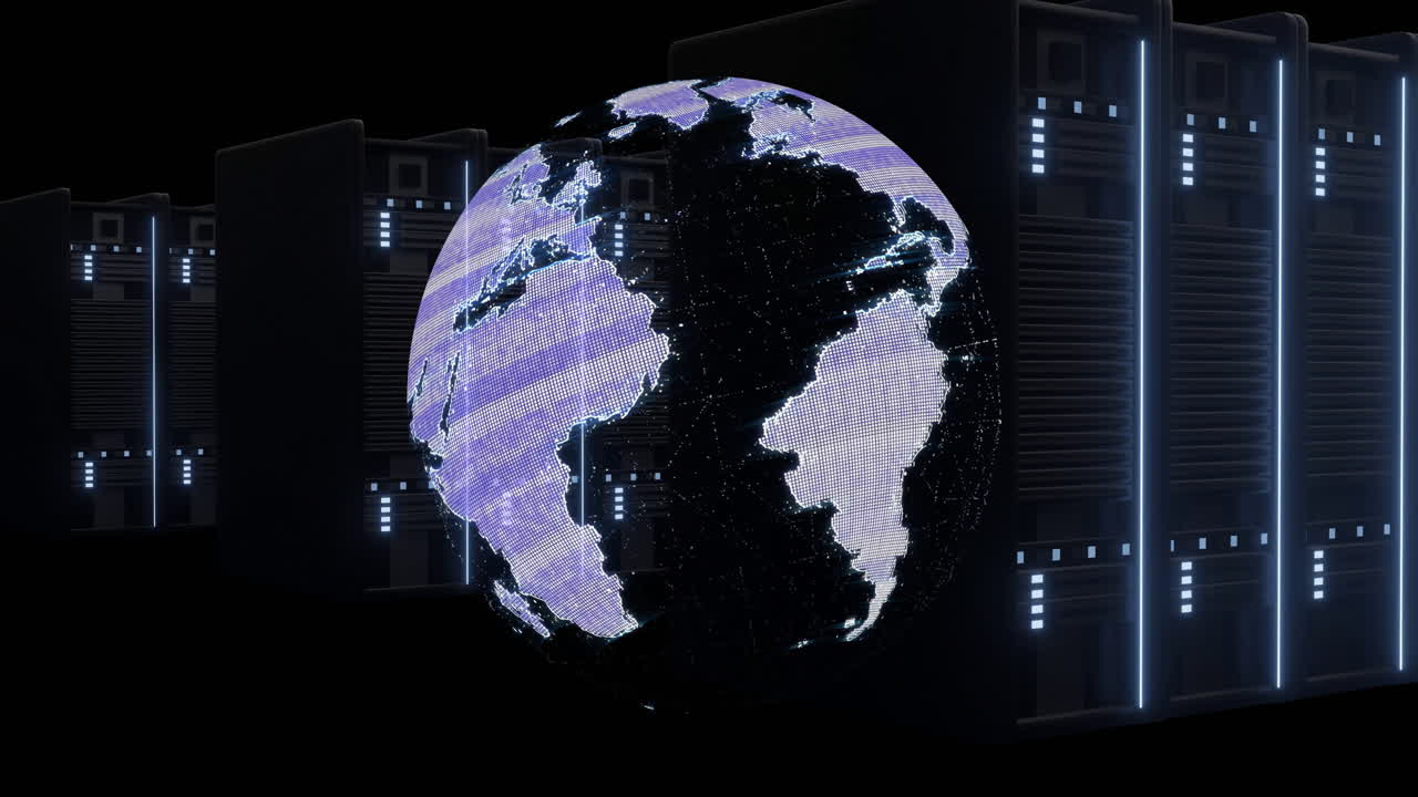 Animation of globe and data processing over computer servers