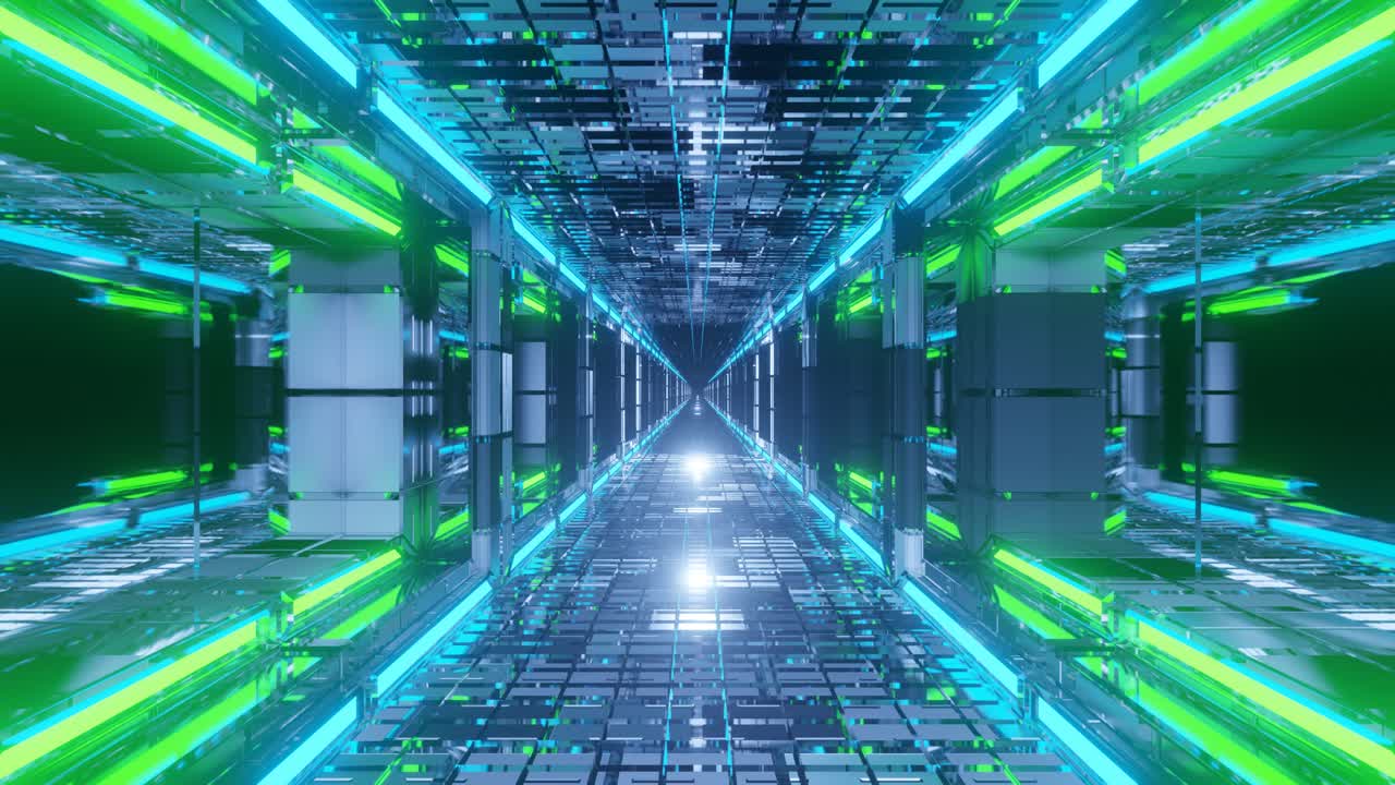 animación de movimiento a través de una pasarela larga altamente reflectante, brillante, brillante y colorida