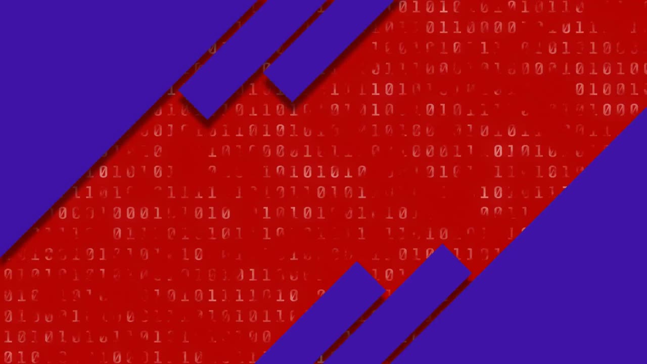 animación de formas azules sobre procesamiento de datos de codificación binaria contra un fondo rojo