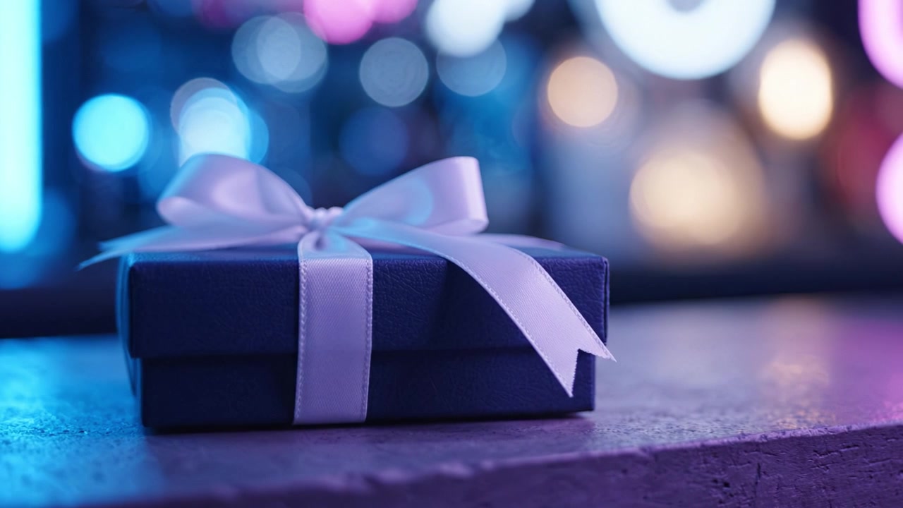 Una confezione regalo splendidamente incartata e adornata con un nastro bianco, posta su uno sfondo incantevole di luci colorate, che simboleggia celebrazione e momenti di sorpresa.