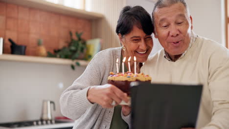 tablet, video call and senior couple with birthday