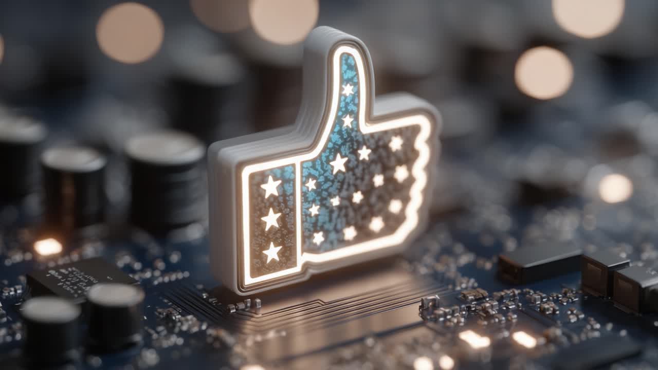 Illuminated Like Icon with Star Pattern on Circuit Board Background, Symbolizing Digital Communication and Social Media Engagement