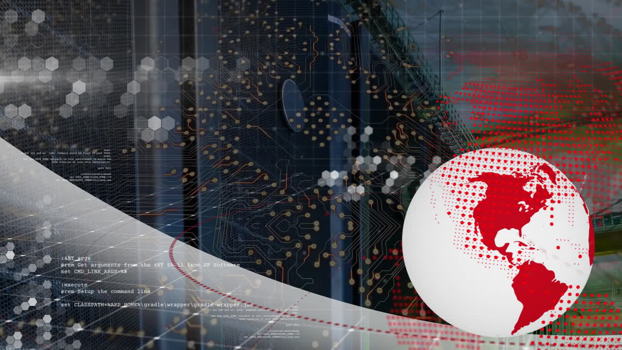 지구의 애니메이션과 컴퓨터 서버를 통한 데이터 처리