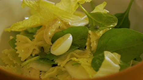 The-cook-tops-pumpkin-seeds-on-pasta-salad-with-chicken,-egg,-fresh-green-spinach-and-napa-cabbage,-handheld-close-up-shot