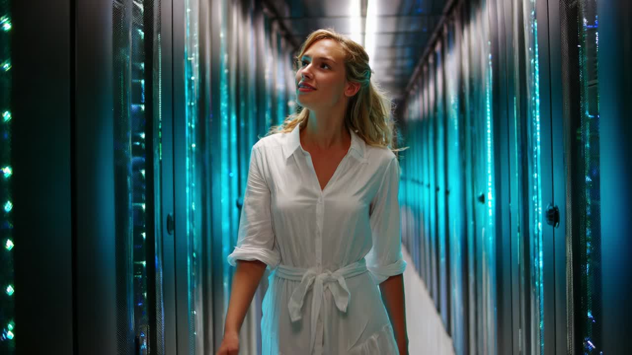 A Thoughtful Woman Walking Through a High-Tech Data Center, Illuminated by Cool Blue Lights Reflecting off Sleek Server Racks, Exuding a Sense of Innovation and Digital Inspiration