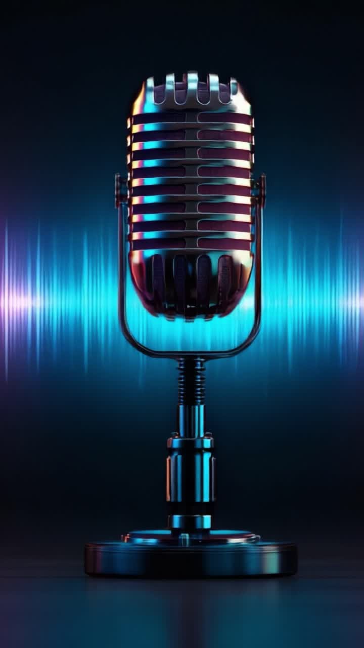 Uno splendido microfono vintage in silhouette contro uno sfondo vibrante di onde sonore, che mostra illuminazione artistica e variazioni di colore per gli appassionati di audio