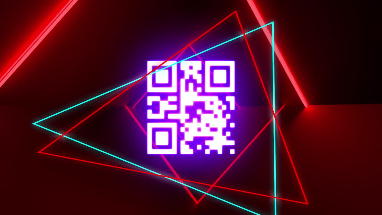 Animation of glowing qr code over neon geometric shapes