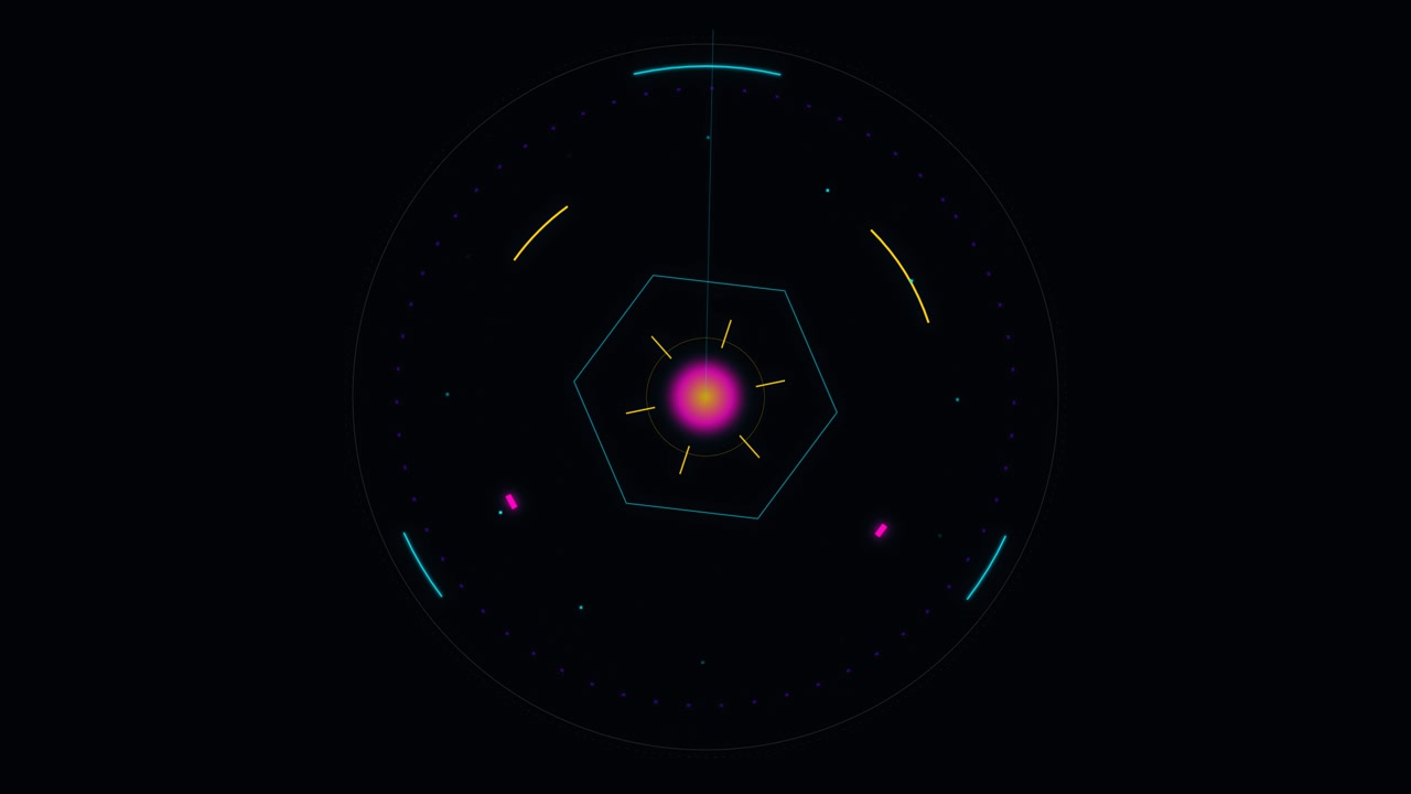 Abstract Digital Radar Interface with Rotating Hexagon and Glowing Core