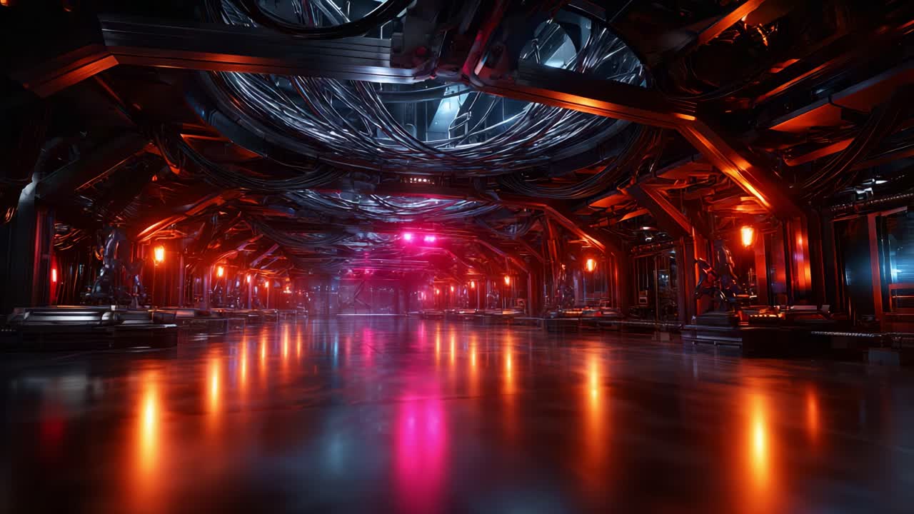 A Futuristic Architectural Space With Intricate Wiring, Glowing Lights, and a Polished Floor Reflecting Ambient Colors in a Sci-Fi Environment