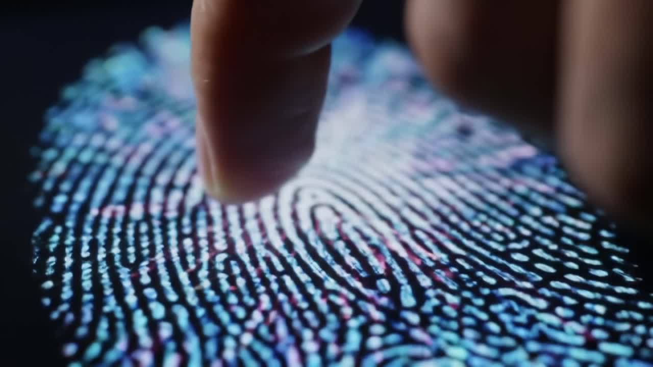 A Close-Up View of a Colorful Fingerprint Scan Illuminated with Vibrant Hues, Highlighting Unique Patterns and Textures in Modern Digital Identification Technology