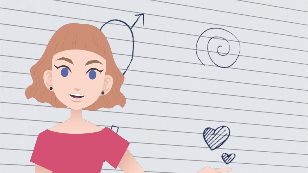 Animación de mujer hablando sobre dibujos escolares