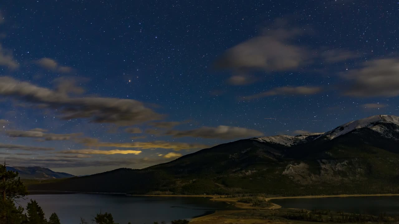 Starry Night Sky Over Mountains and Lake