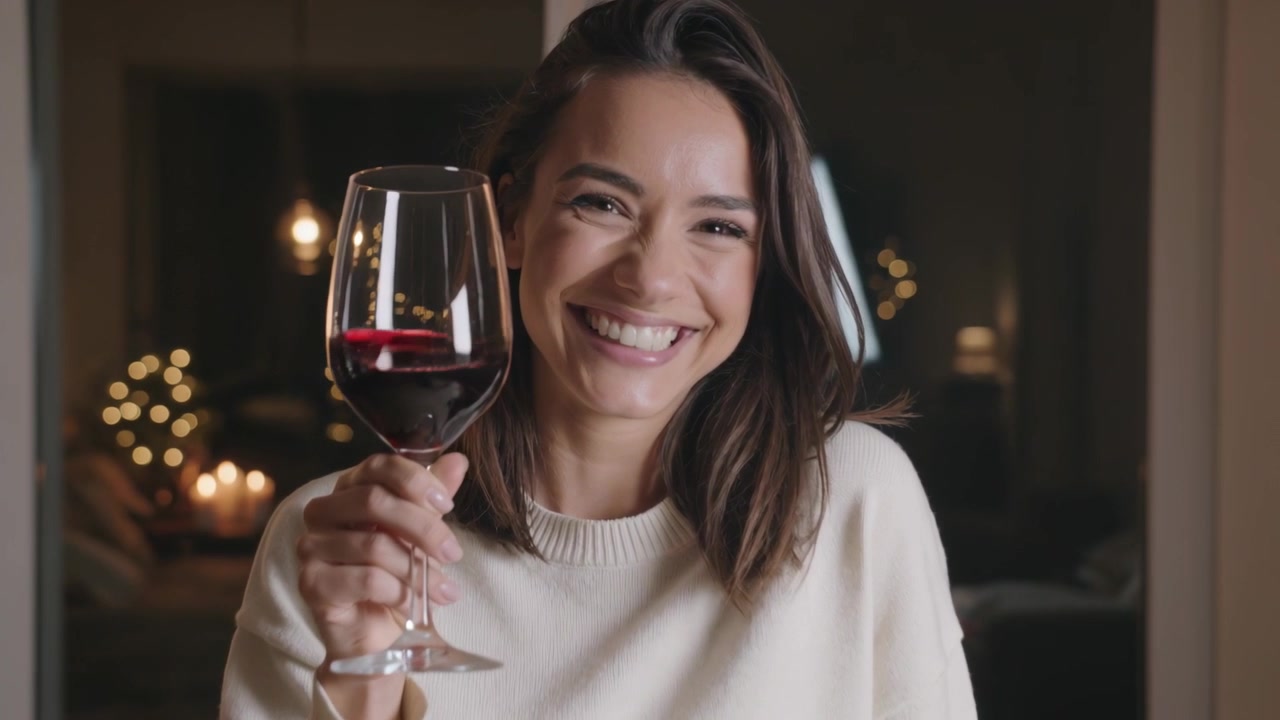Camera framing woman wearing cream sweater raising wine glass at window, showing lights and candles