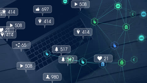 animación de iconos de redes sociales con números y conexiones a través de la computadora portátil