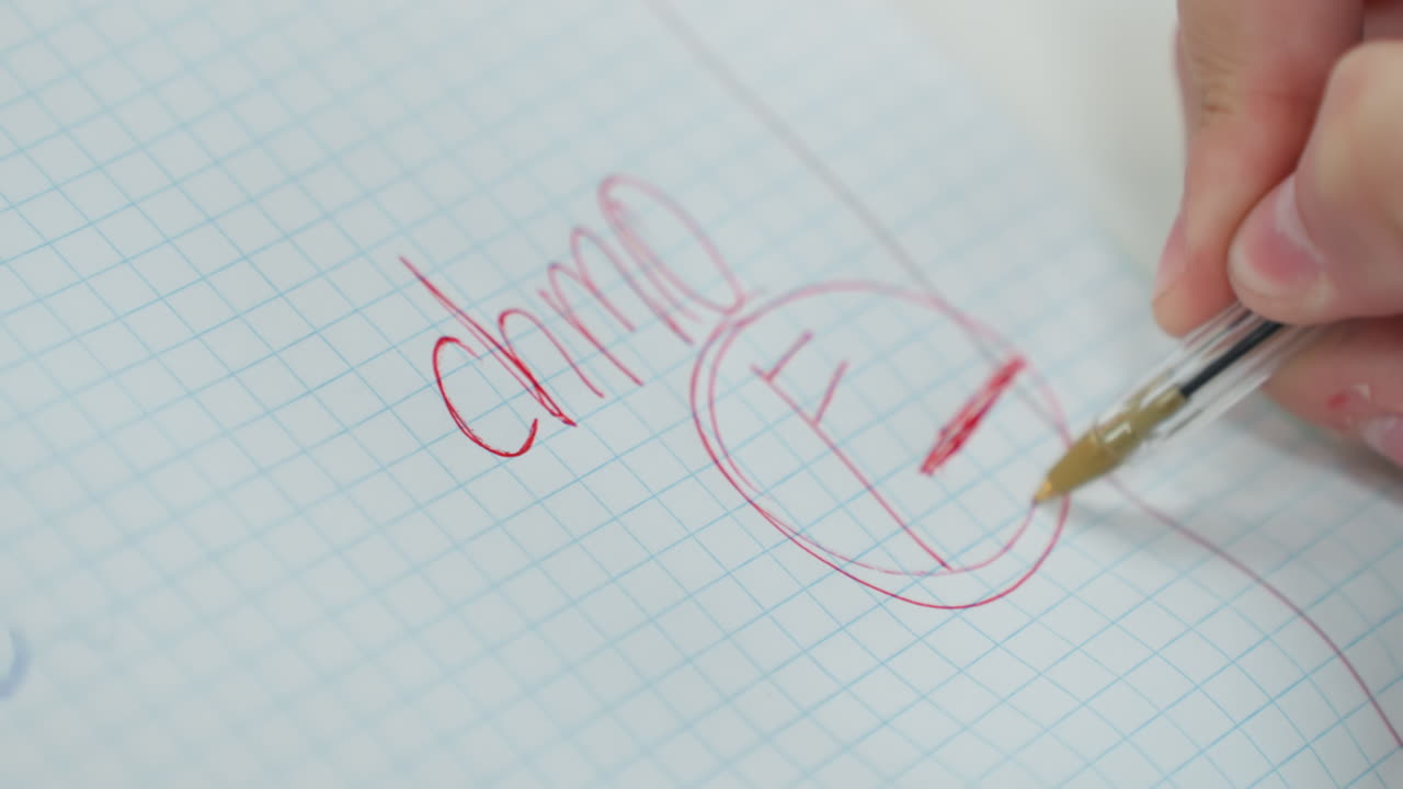 Elev hånd sletter rødt F på notesbog med grafpapir, nærbillede af fingerspids der gnider mærket med et viskelæder, anspændt studiemiljø, keminote, klasseværelse, lektie rettelse og revision