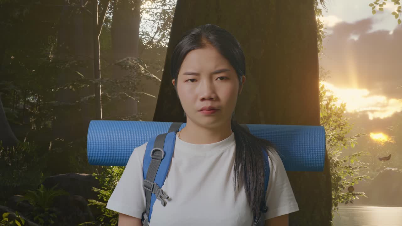 산악 배을 들고 있는 아시아 여성 하이커가 머리를 흔들고 숲의 자연을 탐험하는 동안 불만족한 얼굴을 하고 있다.