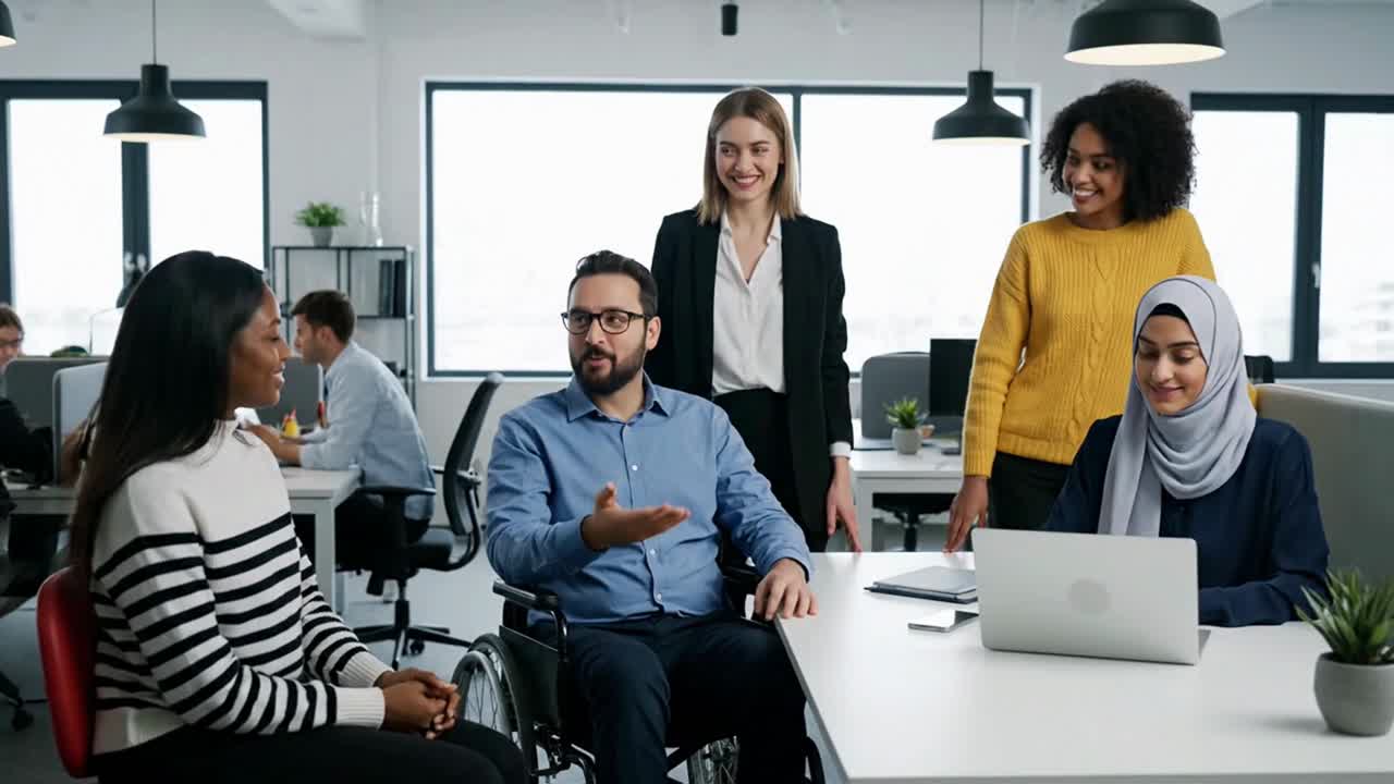 Inclusive and Diverse Office Team with a Colleague in a Wheelchair