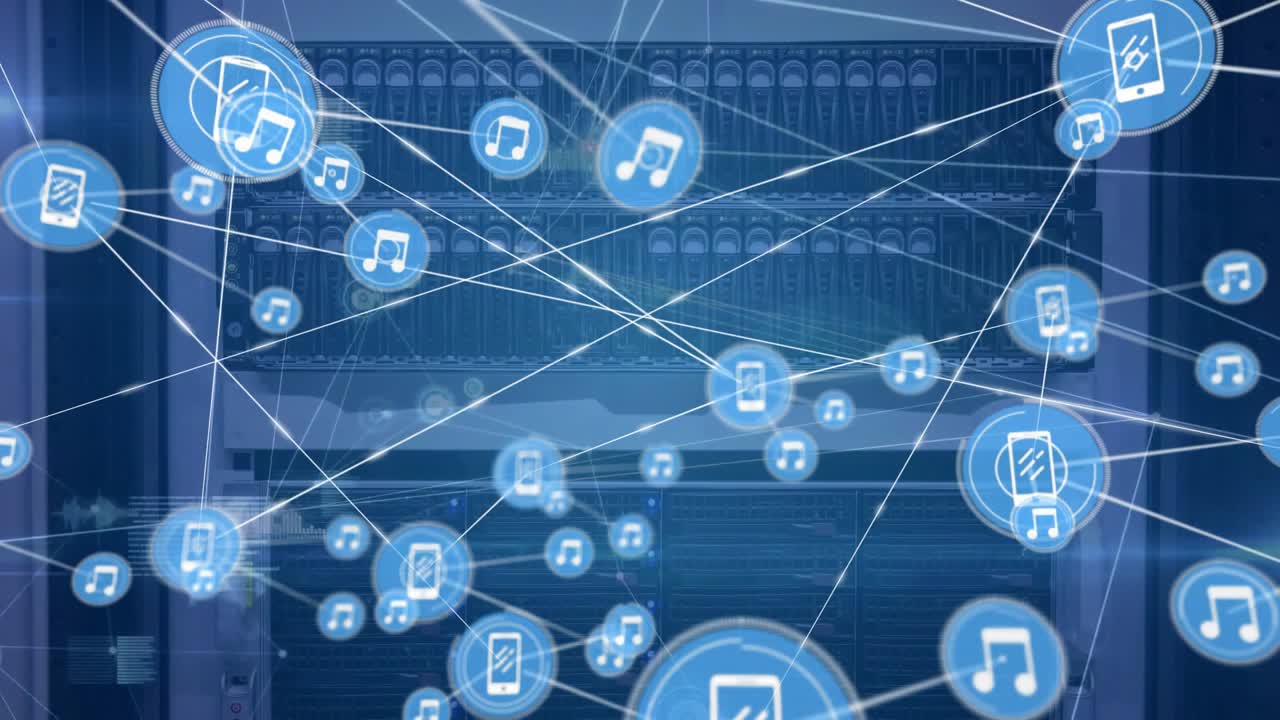 Animation of network of connections with icons and data processing over computer servers
