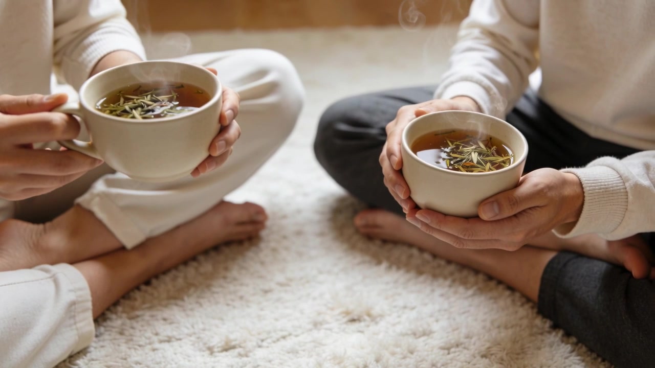 Mani che tengono tazze di tisana su un tappeto shaggy; una (a sinistra) solleva la tazza, l'altra (a destra) la culla, scaldandosi le mani.
