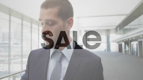 businessman walking in office with sale text animation over scene