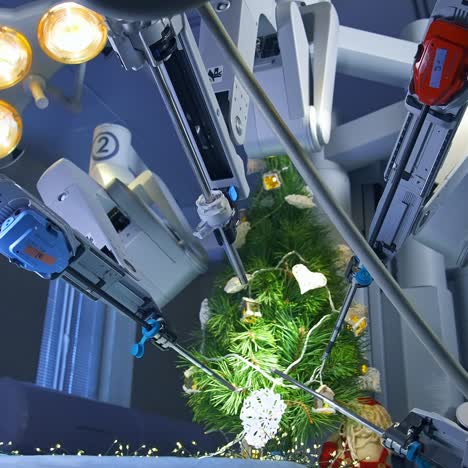machine arm surgeon in futuristic operation room decorating pine-tree. robotic arms put a paper snowflake on the christmas tree