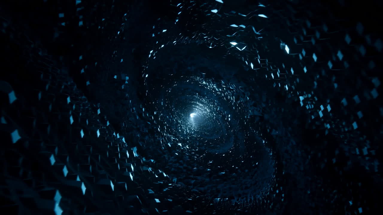 Fordybende blå skår-vortextunnel der snor sig indad med glitrende partikler der fremkalder futuristisk datarejse