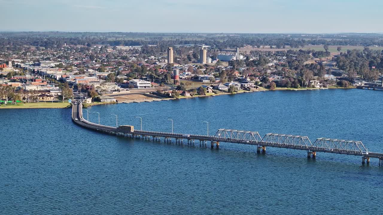 Aerial over the Yarrawonga Mulwala bridge towards the town of Yarrawonga