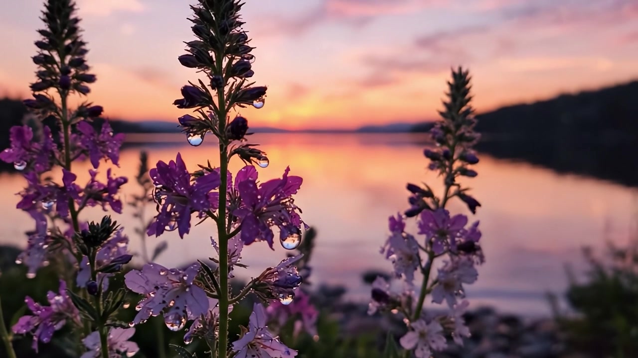 A Serene Sunset Reflected Over a Calm Lake, Framed by Beautiful Purple Wildflowers with Drops of Water, Creating a Picturesque Nature Scene