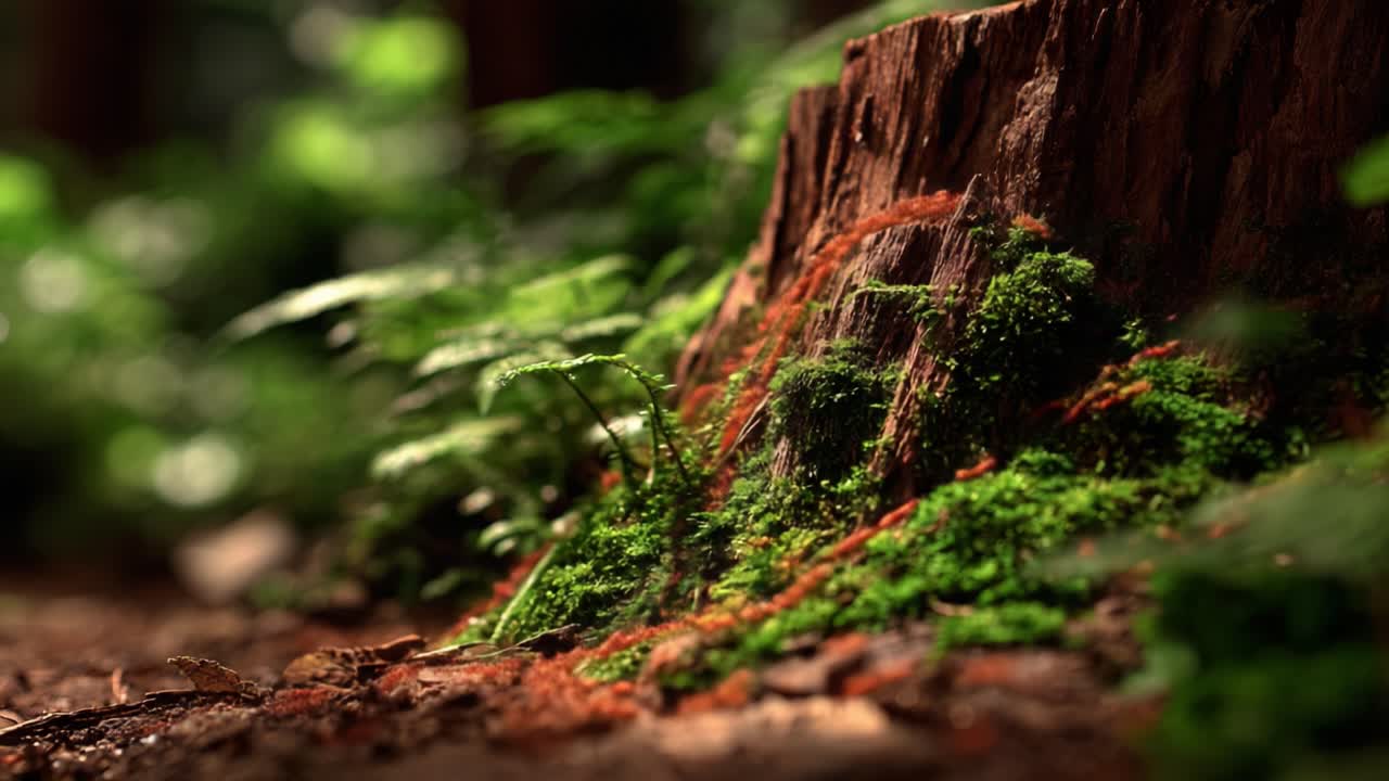 Exploring Nature's Beauty: A Close-Up View of a Tree Stump Surrounded by Lush Green Moss and Foliage in a Serene Forest Setting