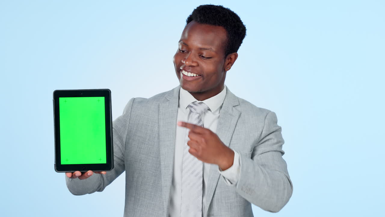 Face, green screen and black man with a tablet